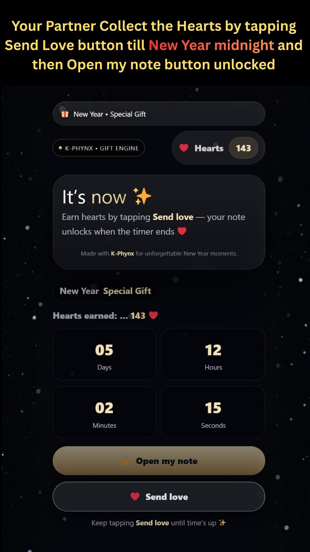 Final New Year Gift page with hearts & timer