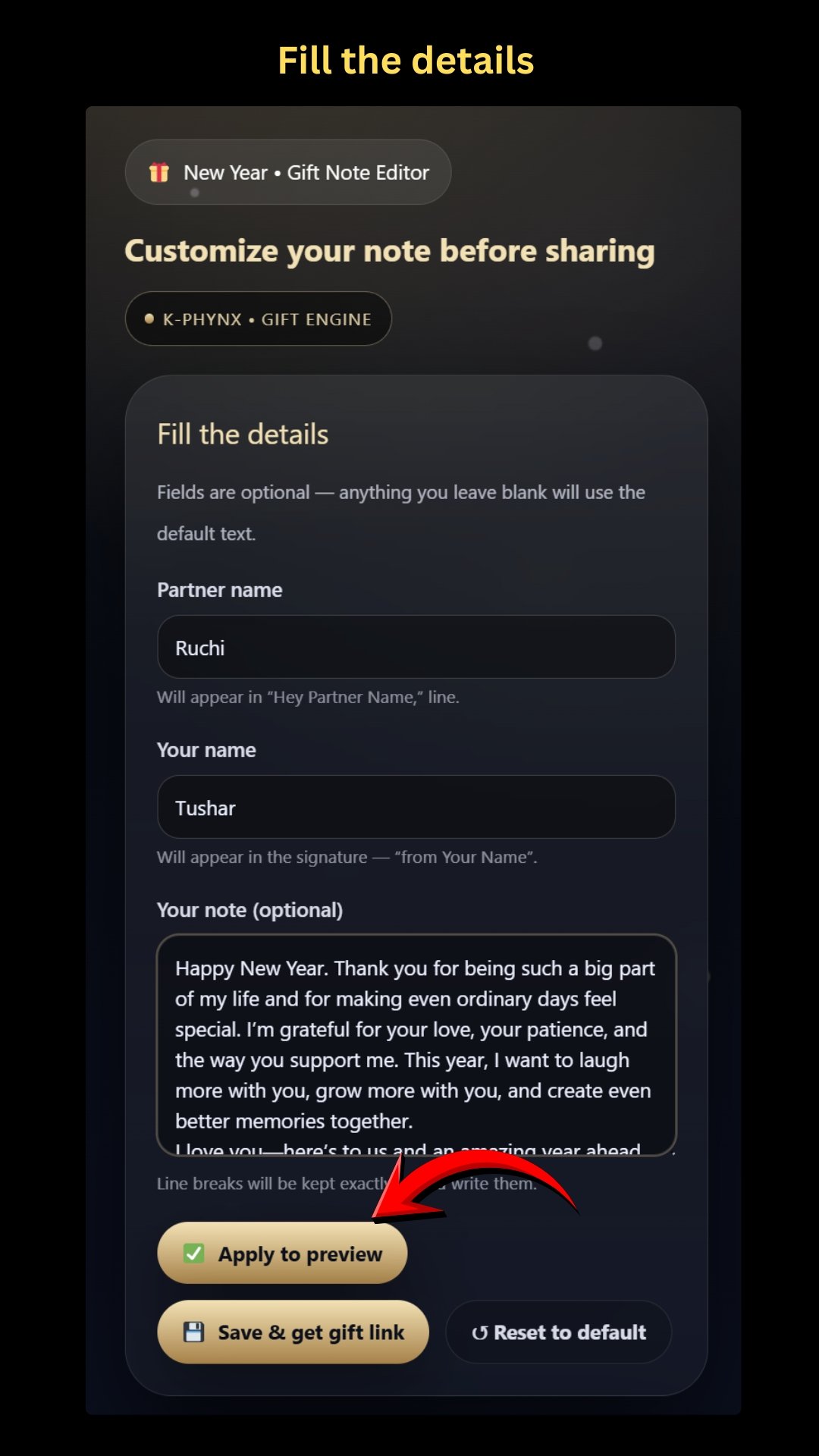 Fill partner name, your name and note
